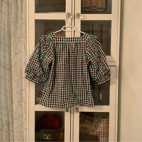 Kate Spade Blossom Gingham Cotton Top Square Neck Black White Green Size XXS - Picture 5 of 10